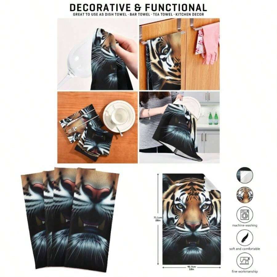 Tiger Face - Toallas de cocina decorativas con estampado de animales para cocina, bonito pao de limpieza de mano, suave, absorbente, 18x 28 pulgadas, paquete de 4 - 1 - Ver 1