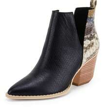 Womens Pointed Toe Stacked Mid Heel Ankle Boots V Cut Back Zipper Faux Leather Booties - màu đen - Xem 7