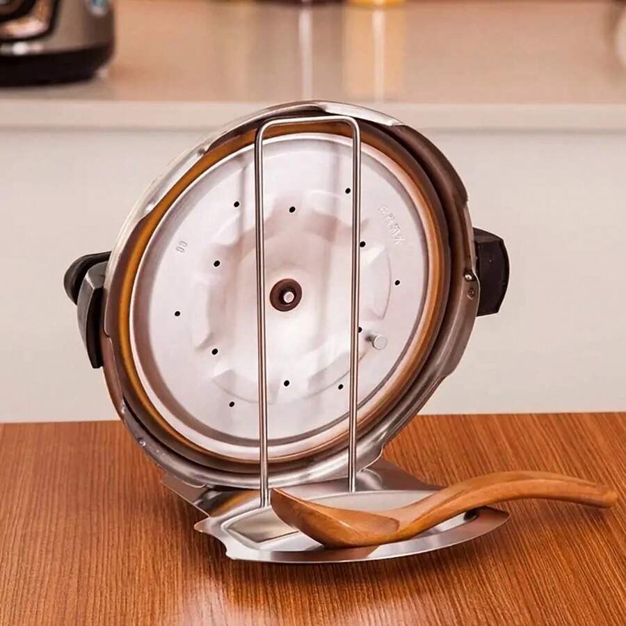 Edelstahl Topfdeckel Halterung mit Abtropfschale - Kein Bohren Löffelhalter mit abnehmbarer Trennwand - Küchenausstattung, praktische Topfdeckel Aufbewahrung und Abtropfen - Verschiedenfarbig - Übersicht 1