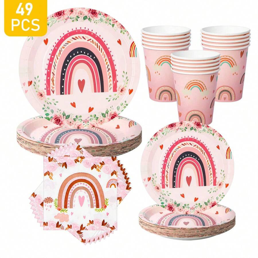 1 Set Heart & Rainbow Disposable Plates, Napkins, Cups, Serves 8 Guests, Suitable For Birthday, Wedding, Party, Family Picnic - Multicolor - View 1