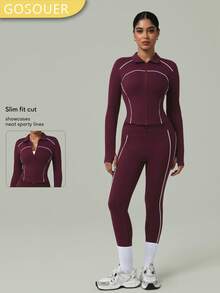 GOSOUER 2 PCS CO Ord Workout Set Women Outdoor Sports Outfit Lapel Long Sleeve Zip Up Jacket With Thumbholes Contrast Piping Front Twisted Design Sports Legging Yoga Pants For Gym Workouts,Running, Hiking & Outdoor Sports - Red Violet - View 3