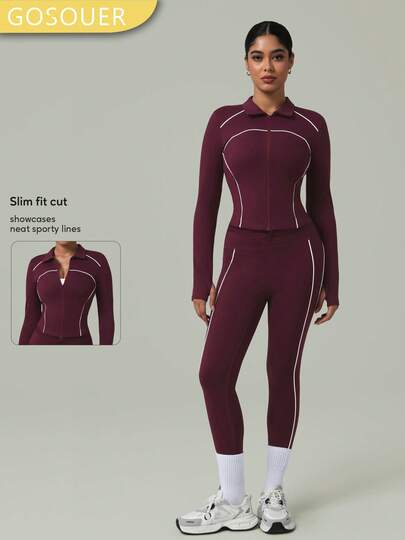 GOSOUER 2 PCS CO Ord Workout Set Women Outdoor Sports Outfit Lapel Long Sleeve Zip Up Jacket With Thumbholes Contrast Piping Front Twisted Design Sports Legging Yoga Pants For Gym Workouts,Running, Hiking & Outdoor Sports