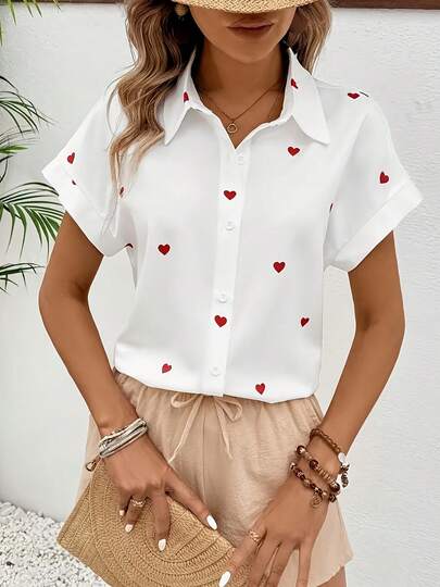 Women's Casual Heart-Shaped Printed Short-Sleeved White Blouse - A Great Choice For Outings And Dates Summer