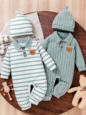 Bhchntiy 4 st/set spädbarn höst ny fuzzy ribbad pikékrage söt björnjumpsuit och mössa casual mode outfit, unisex