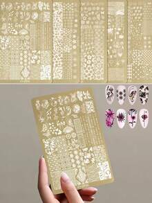 1 Piece Of Nail Art Gold Printing Plate, Elegant Retro Style Patterns, Butterfly, Ribbon, Cherry, Heart-Shaped, Star-Shaped, Flowers, French, Various Nail Art Printing Templates, Nail Accessories Tools, Must-Have For Nail Salons - Gold - View 2