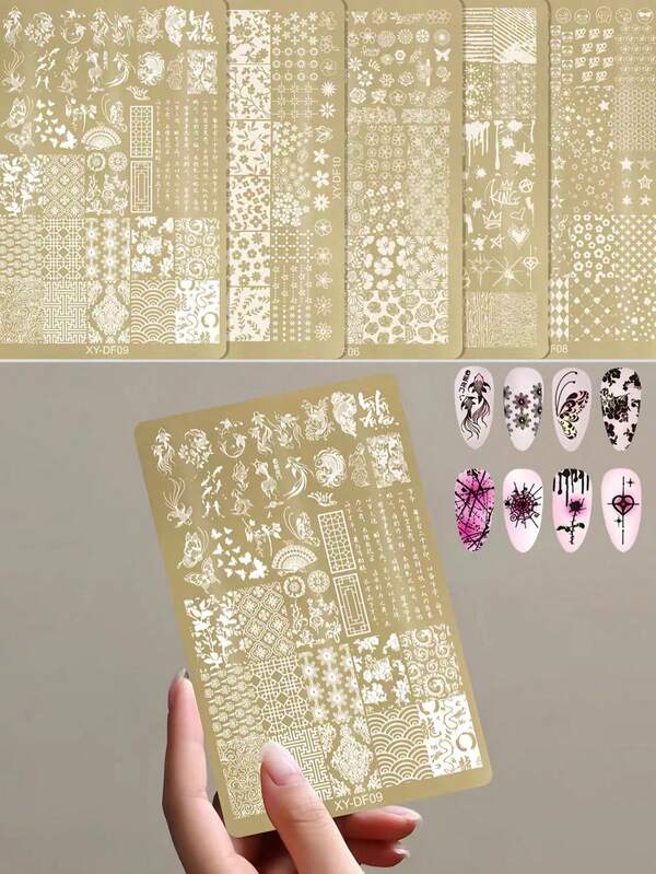 1 Piece Of Nail Art Gold Printing Plate, Elegant Retro Style Patterns, Butterfly, Ribbon, Cherry, Heart-Shaped, Star-Shaped, Flowers, French, Various Nail Art Printing Templates, Nail Accessories Tools, Must-Have For Nail Salons