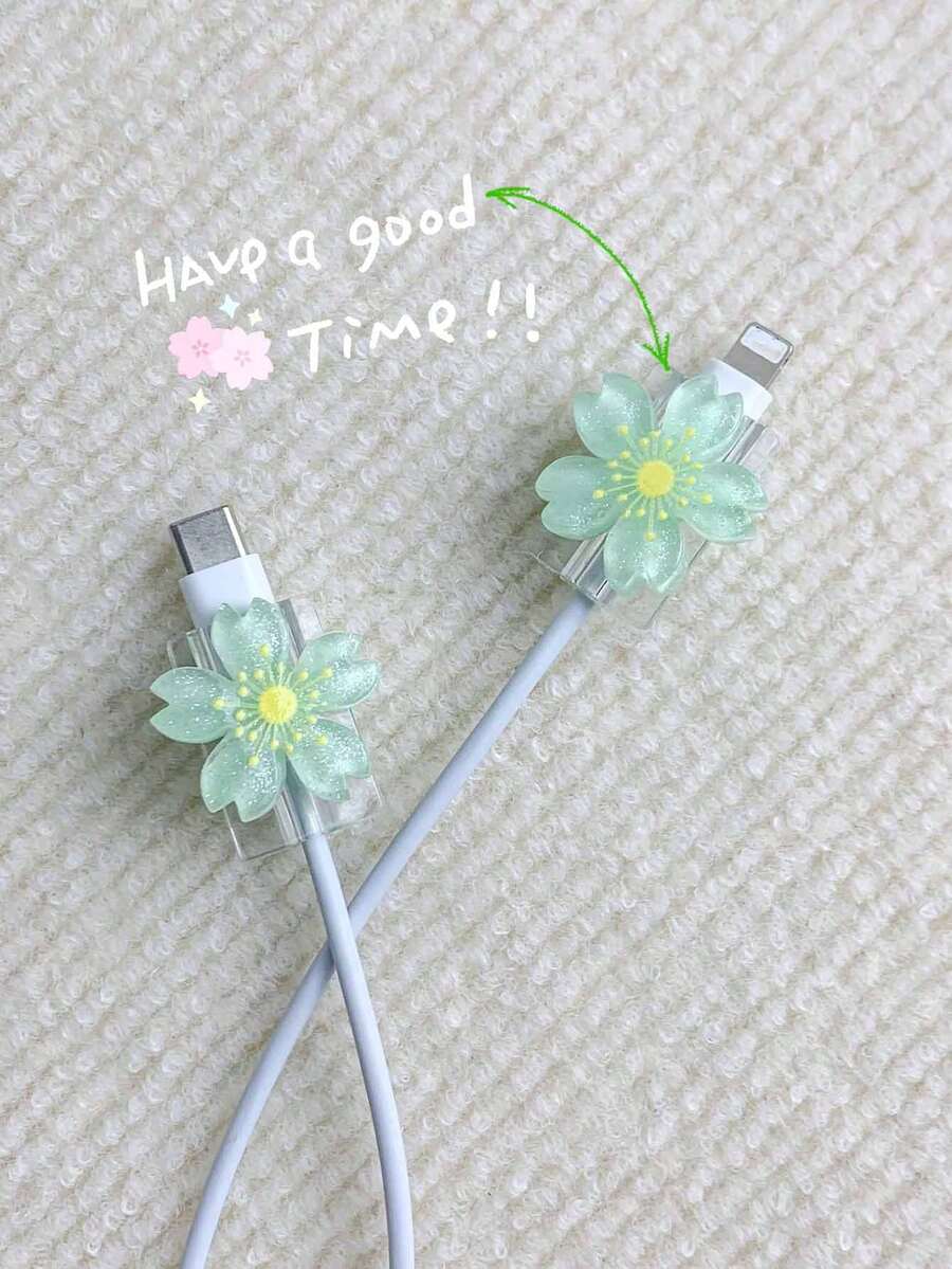 2 件 3D 花形雷电线缆保护器 兼容 20W 苹果充电器充电器保护器 - 綠色 - 查看 1