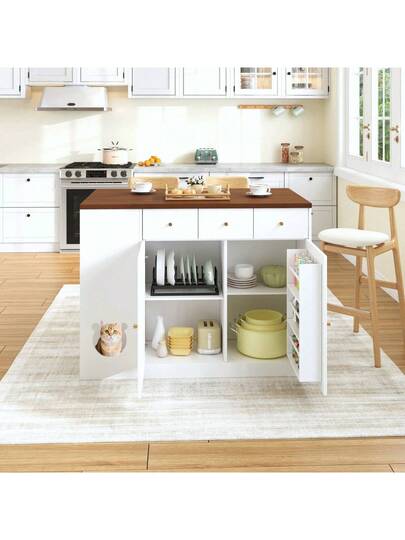 Kitchen Isl Trolley Sideboard Drawers Extendable Worktop, Spice Rack, Pet Feeding Area out Cat Bowl), Wit Walnut, 120*(40+30)*90 Cm view 9