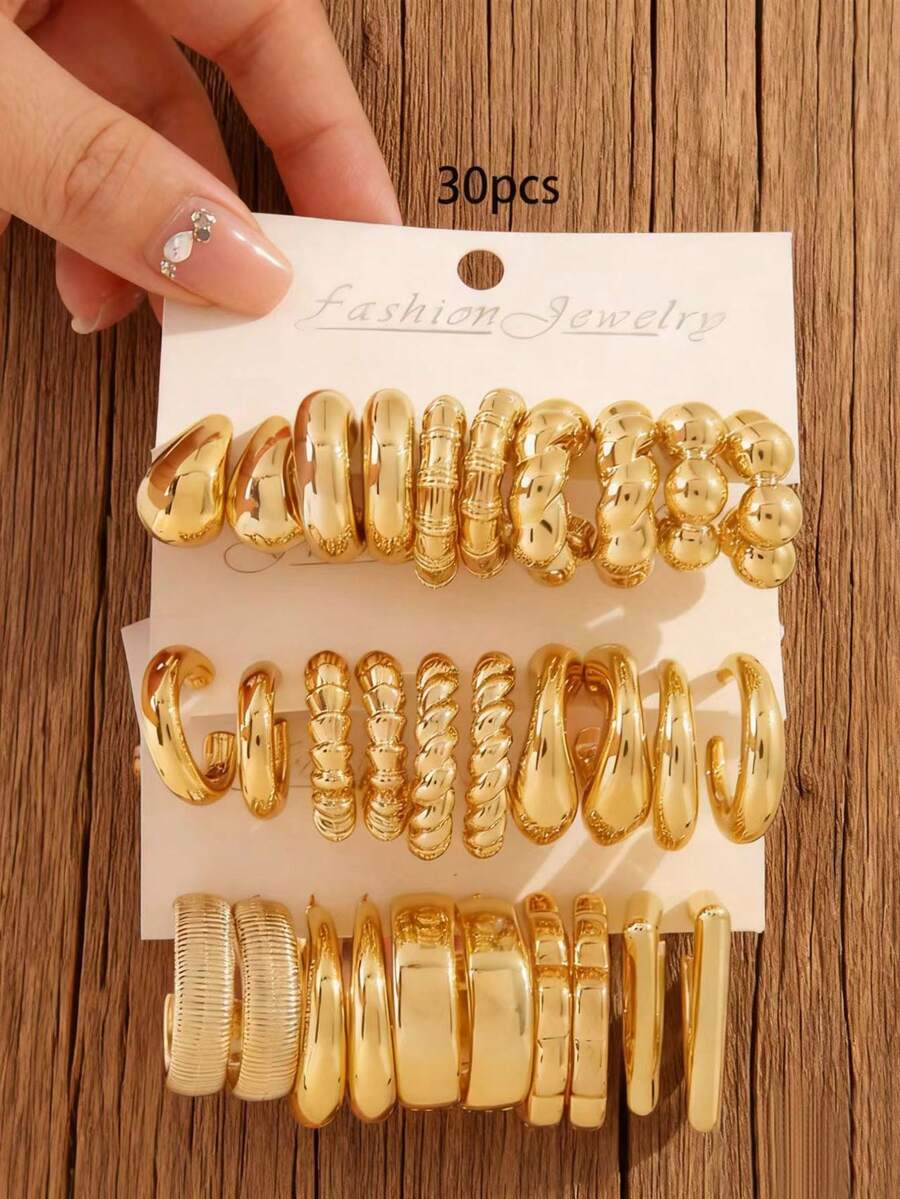 2/10/30pcs Gold Tone Earring Set - Featuring Chic Spiral & Crimp C-Shaped Hoops, Paired With Glossy Dome & Teardrop Studs, Versatile Jewelry For Daily Wear & Parties - Multicolor - View 1