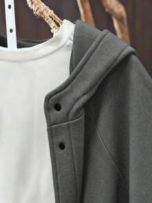 女式休闲纯色口袋前扣连帽夹克，日常穿着 - 深灰色 - 查看 3