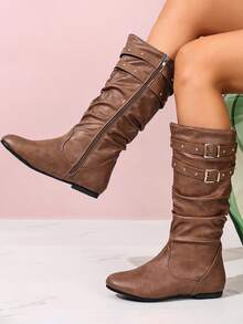 Plissierte PU-Material Damen Mode Stiefel, Herbst/Winter Neudesign, minimalistischer Seitendekoration, geeignet für den täglichen Gebrauch, Retro - Hellbraun - Übersicht 12