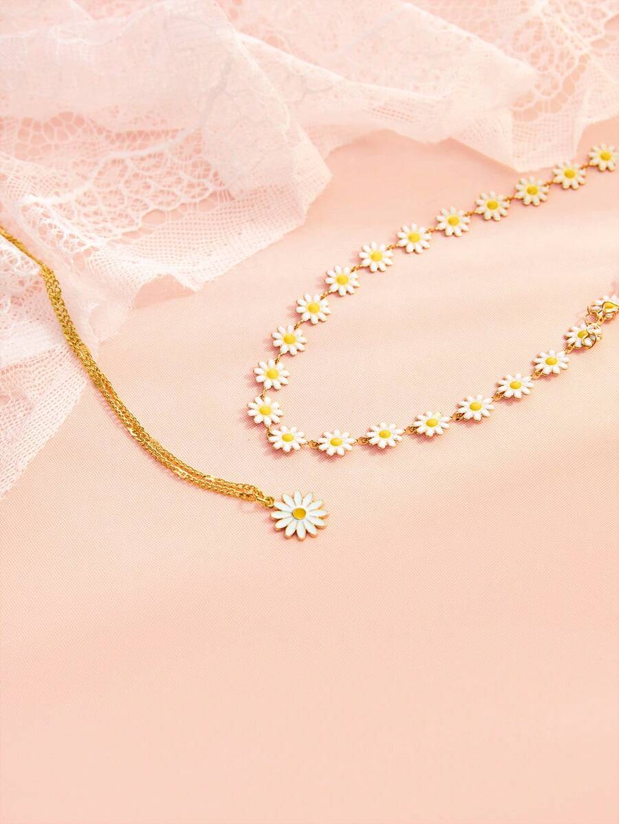 Hatastic 2 sztuki/zestaw ręcznie robionego naszyjnika z kwiatem stokrotki, modny klasyczny naszyjnik choker, odpowiedni na co dzień, w podróż, na wakacje, na ulicę i do sesji zdjęciowych. Długość łańcuszka można dostosować, ilość kwiatów jest losowa. Prezent na walentynki i Boże Narodzenie. - duże kwiaty stokrotki - Zobacz 1