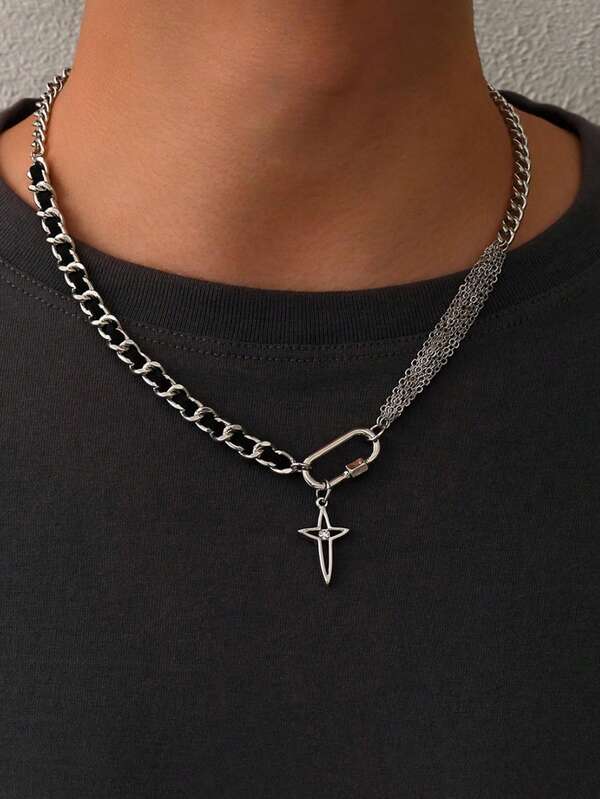 Fashionable Woven Hollow Cross Pendant Necklace With Mixed Chain Links, Hiphop Gothic Style