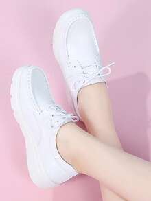 Sneaker casual con suola spessa da donna, scarpe bianche in stile campus semplice, scarpe da lavoro nere con lacci monocolore, scarpe sportive versatili e alla moda per il tempo libero e gli spostamenti - Bianco - Visualizzare 2