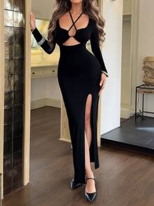 Sedessea 女士优雅性感深V领不对称修身黑色连衣裙，女士长款夏季连衣裙 - 黑色 - 查看 5