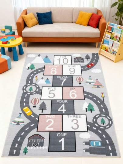 1pc Velvet Hopscotch Pattern Floor Mat, Machine Washable, Suitable For Bedroom, Living Room, Kitchen, Outdoor, With Cute Animal & Vehicle Illustrations