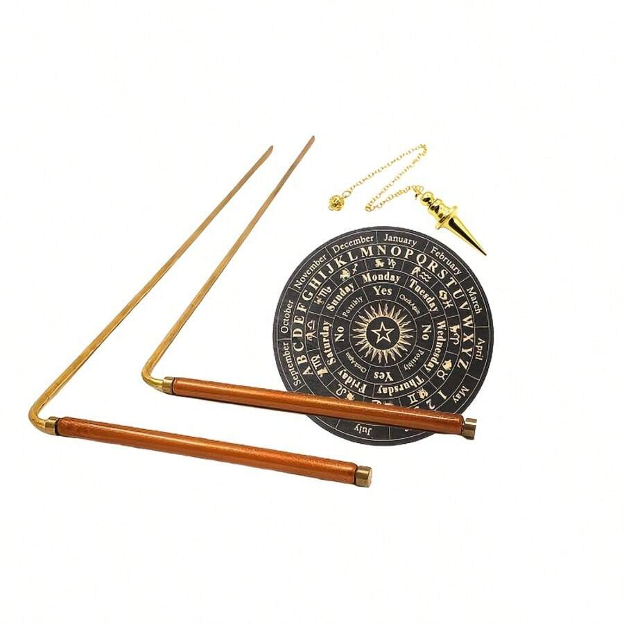 Solid Copper And Brass Dowsing Rods, With 1 Dowsing Pendulums + 1 Divination Mat For Tracing Spiritual Energy Chi, Ghost Hunting, Water Divining, Finding Gold, Locating Lost Items Or Answering Questions! - Yellow (two-tone +  + Wooden Plate) - View 1
