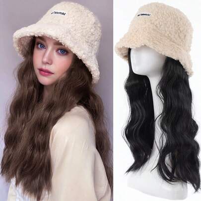 14英寸长波浪假发，白色羊毛帽，合成纤维材质 - 棉质帽假发，高温丝，自然逼真，适合日常佩戴，基础款