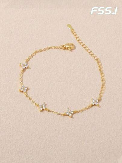 1 pieza Pulsera de acero inoxidable con circonita en forma de trébol para mujeres, adecuada para uso diario, fiestas y como regalo del Día de la Madre