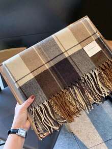 1pc Women's Plaid Fringed Scarf, Faux Cashmere, Warm, Suitable For Daily Use In Autumn And Winter Accessories Women - Cà phê nâu - Xem 2