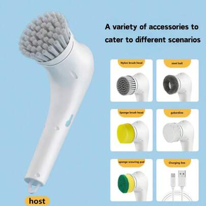 5-In-1 USB Rechargeable Electric Spin Scrubber With 5 Replaceable Brush Heads, Portable Rotating Cleaner For Bathroom/ Bathtub/ Wall Tile/ Floor/ Kitchen, Cleaning Brush, Lithium Battery, Electric Cleaning Brush, Automatic Rotating Pan Pot,  Cookware Spray Cleaner, Electric Scraping Plancha, Electric Bathroom Cleaning Brush, Toilet Brush, Bathroom Accessorie, Kitchen Accessorie, Cleaning Accessorie For Home, Brush Cleaning Tool
