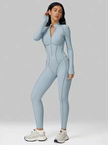 MFVIM 女士长袖连体裤，半拉链设计，紧身性感运动服，高强度瑜伽训练服 - 霧霾藍 - 查看 9