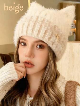 Dammössa Vintermetall liten etikett tjock stickad basker enfärgad mångsidig varm stickad mössa