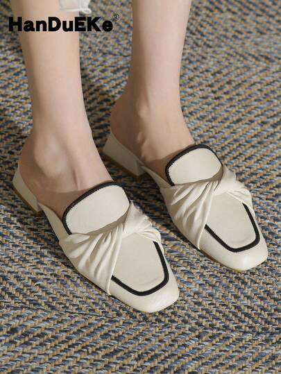 Women's Square Toe Block Heel Mule Slip-On Shoes, New Spring/Summer/Autumn 2026 Backless Loafers, Flat Vintage White Casual Commuting Low Heel Shoes