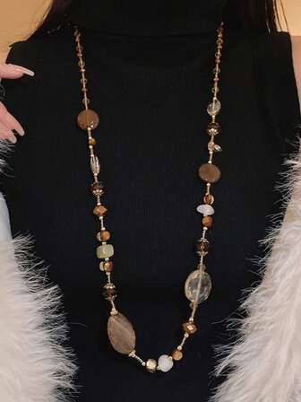 女士孔雀石串珠项链，优雅高端毛衣链，秋冬季时尚配饰