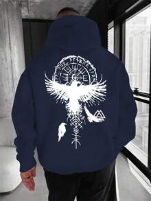 Sudadera con capucha de hombre azul marino con estampado geométrico de cuervo - Diseño de cordón ajustable, bolsillo canguro,% poliéster, lavable a máquina, ajuste regular, suéter casual de cuatro estaciones, moda urbana, patrón llamativo, sudadera cómoda, sudadera impresa, ropa de estar, estilo urbano, tela de poliéster, cómoda de usar - Negro - Ver 7