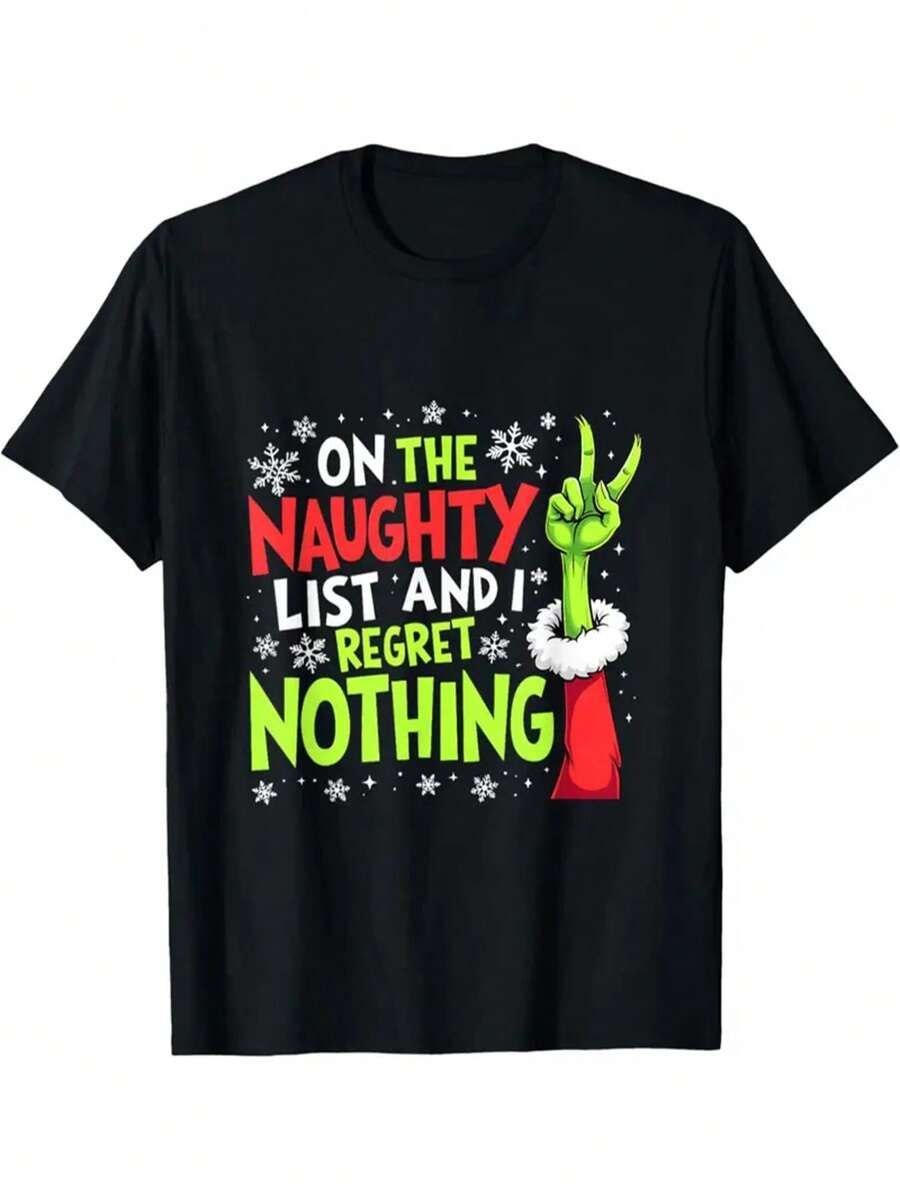 100% cotton women's black short-sleeve shirt - Christmas fun theme, printed with humorous text: 'ON THE NAUGHTY LIST AND I NOTHING' in red and green fonts, with Christmas snowflake patterns. Suitable for parties and casual daily wear, can be worn for everyday leisure and outdoor outings. Machine washable, suitable for all seasons, designed in a loose, oversized fit for comfortable casual wear. Perfect for layering, an excellent choice for weekends and everyday casual wear. - Negro - Ver 1