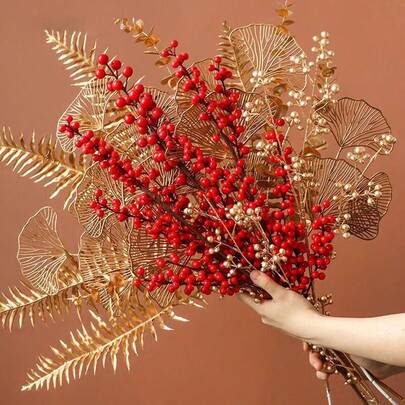 1件装仿真红果发财树；金色花材；仿真花；风水桶DIY插花；仿真冬青；新年装饰；花卉；轻松装饰四季；节日礼物。