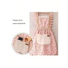 1pc Country Floral Pattern Cleaning Apron, Women's Vintage Floral Kitchen Apron For Adults, Floral Print Ruffle Apron, Kitchen, Bathroom, Home Furnishings - Màu xanh lam - Xem 8