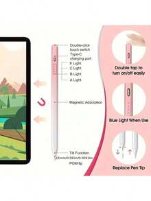 2-In-1 Stylus Smart Pencil, Used For Drawing And Writing, Compatible With Capacitive Touch Screens, USB Charging With Metal Tube, Optional White, Black, Pink, Gradient Colors - Perfect For Android Devices And IPad Air, Tablet Pens, Smartphones - Hồng - Xem 8