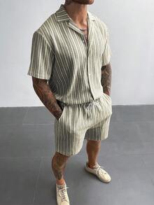 Bộ 2 món áo và quần short dệt kim móc kiểu Bohemian GloMan dành cho nam, áo sơ mi kẻ sọc nhiều màu, thích hợp cho bãi biển, lễ hội âm nhạc, kỳ nghỉ ở Hawaii, món quà tuyệt vời dành cho nam giới, phong cách nghỉ dưỡng cổ điển. - Màu be - Xem 2