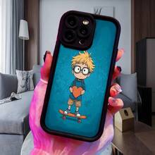 Cubierta de teléfono con diseño de niño sobre patineta sosteniendo corazón azul para uso diario en interiores y exteriores Aplicable a teléfonos Apple y Galaxy. - Negro - Ver 4