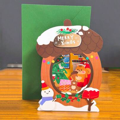 1PC, Christmas In The Acorn House 3D Pop-UP Greeting Card For Merry Christmas.
