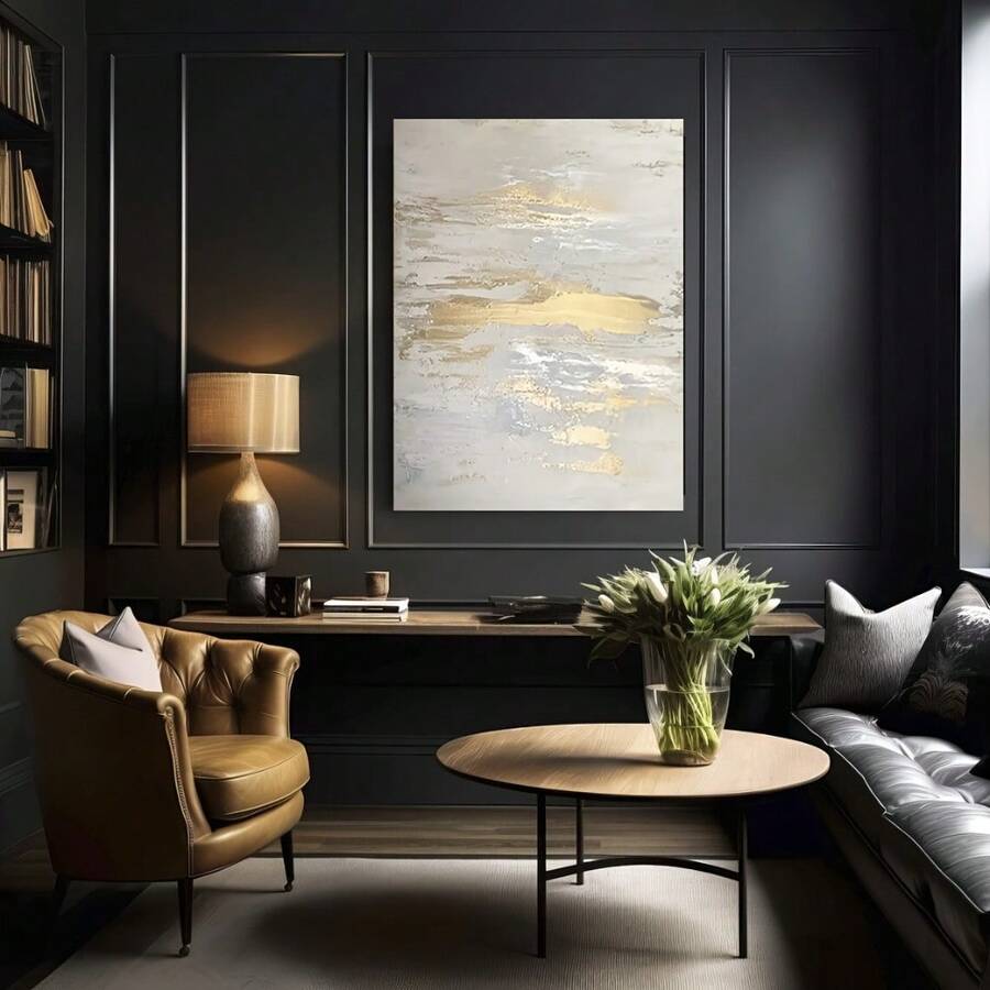 1pc, Modern Gold & Grey Abstract Canvas Wall Art For Living Room Decor, Large Contemporary Textured Painting For Bedroom And Office, Elegant Home Decoration Aesthetic - 彩色 - 查看 1