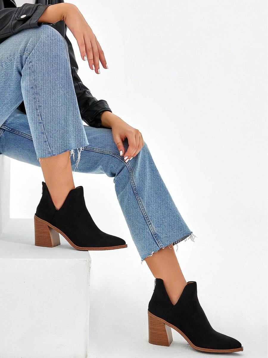Womens Pointed Toe Stacked Mid Heel Ankle Boots V Cut Back Zipper Faux Leather Booties - màu đen - Xem 1
