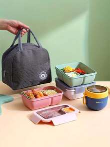 1pc Adult Size PP Plastic Square Lunch Box With Lid, Comes With Utensils And Dipping Sauce Dish, Multipurpose, Portable, Reusable, Lightweight. Optional Cup, Oatmeal Cup, Breakfast Cup And 1pc Portable Lunch Bag With Zipper And Built-In Aluminum Foil Insulation Layer, Suitable For Office Workers, Students, Outdoor Activities And Camping. - Multicolor - View 9