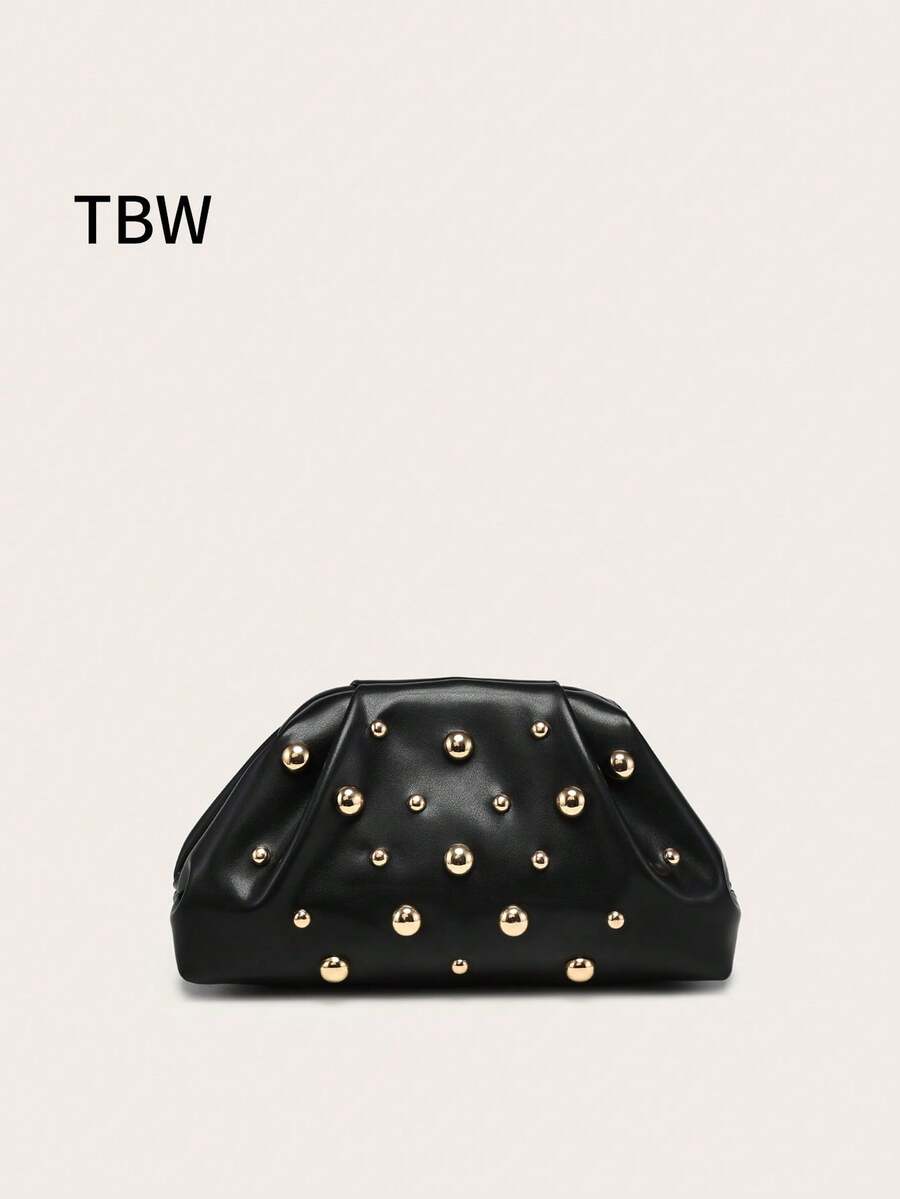 Women's Clutch Wallet With Pleated, Rivet & Cloud Pattern Design, Large Capacity & Multifunctional, Fashion & Minimalist, Suitable For Shopping And Outings - Black - View 1