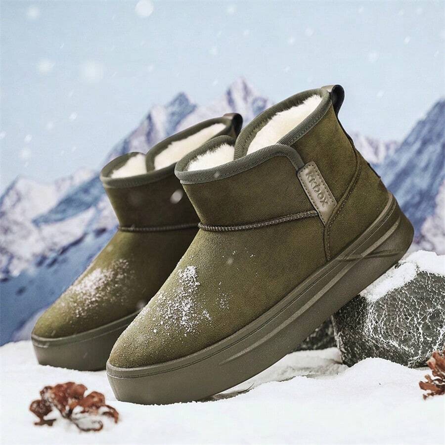 秋冬季黑色中帮保暖休闲户外套脚雪地靴，带保暖内衬，防滑且用途广泛 - 綠色 - 查看 1