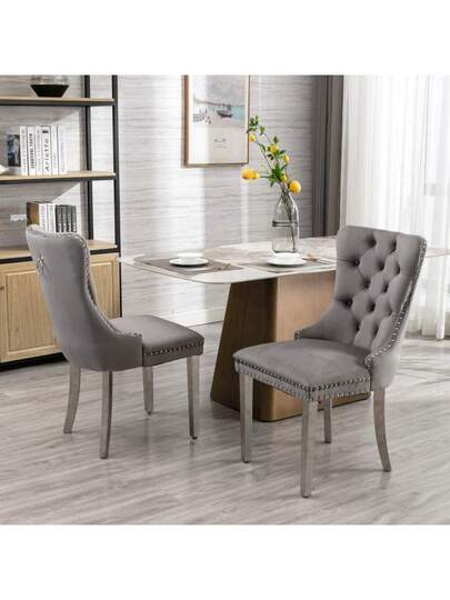 Furniture, Nikki Moderne Collection, High End Upholstered Solid Wood Contemporary Dining Stoel Chrome Stainless Steel Legs Nail Ornament, Set Of 2, Grijs Chrome, DE1701GY view 11