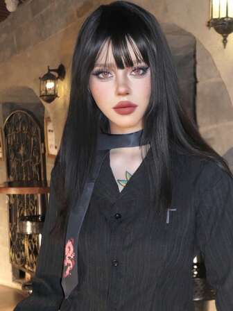 1pc Dragon Totem Street Polyester Fiber Dark Anime Style Handmade Black Skinny Necktie, Scarf, Hair Tie, Waist Belt, Neck Warmer, Versatile For All Seasons