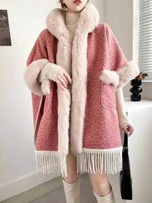 Cardigan oversize en laine, doublé polaire, à col châle épais, poches et franges. - Rose rose - Voir 2