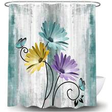 Rustic Farmhouse Shower Curtain, Farm Teal Daisy Floral Flowers And Butterfly On Country Wooden Shower Curtain For Bathroom, Turquoise Blue Bathroom Shower Curtains With 12PCS Hooks, 70X84IN - 多色554 - 查看 3