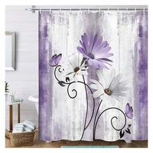 Rustic Farmhouse Shower Curtain, Farm Purple Daisy Floral Flowers And Butterfly On Country Wooden Shower Curtain For Bathroom, Violet Grey Bathroom Shower Curtains With 12PCS Hooks, 70X75IN - 多色582 - 查看 1