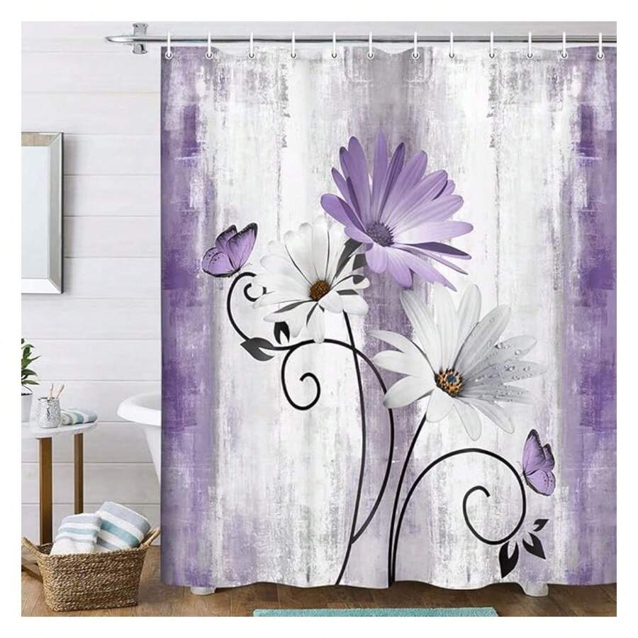 Rustic Farmhouse Shower Curtain, Farm Purple Daisy Floral Flowers And Butterfly On Country Wooden Shower Curtain For Bathroom, Violet Grey Bathroom Shower Curtains With 12PCS Hooks, 70X75IN - 多色582 - 查看 1