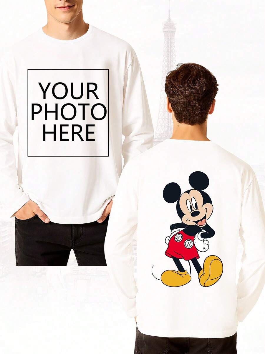 Disney Áo thun dài tay nam in hình Mickey Mouse, được cấp phép bản quyền IP, hỗ trợ in các khẩu hiệu độc quyền/mẫu thiết kế sáng tạo/nhân vật hoạt hình/cặp đôi/thú cưng/ảnh selfie/chân dung người nổi tiếng, cổ tròn, co giãn nhẹ, thời trang và đa năng. - trắng - Xem 1