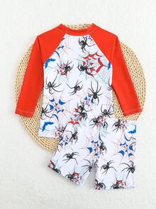 Young Boy Spider Print Long Sleeve Shorts & Swimsuit Set - Multicolor - View 6
